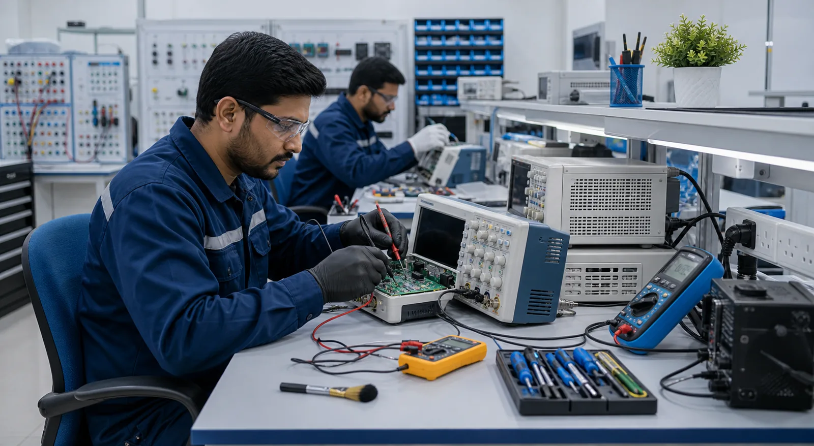 Service engineers maintaining and calibrating laboratory equipment