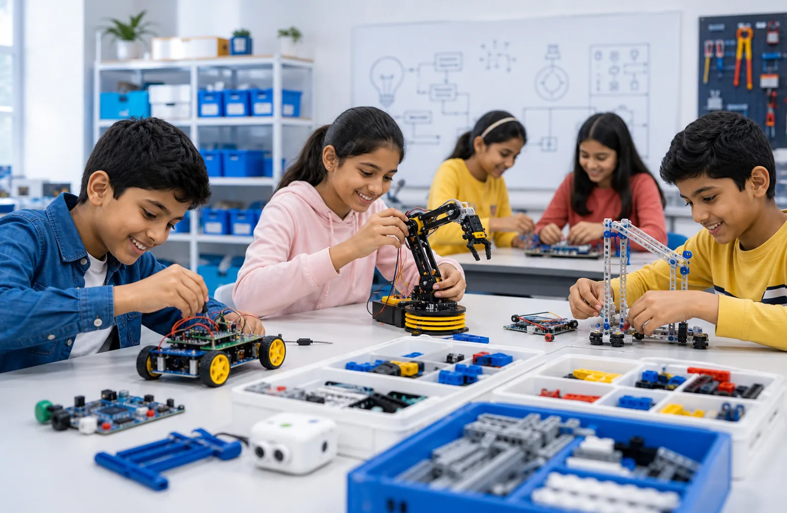 Young students building STEM and robotics projects