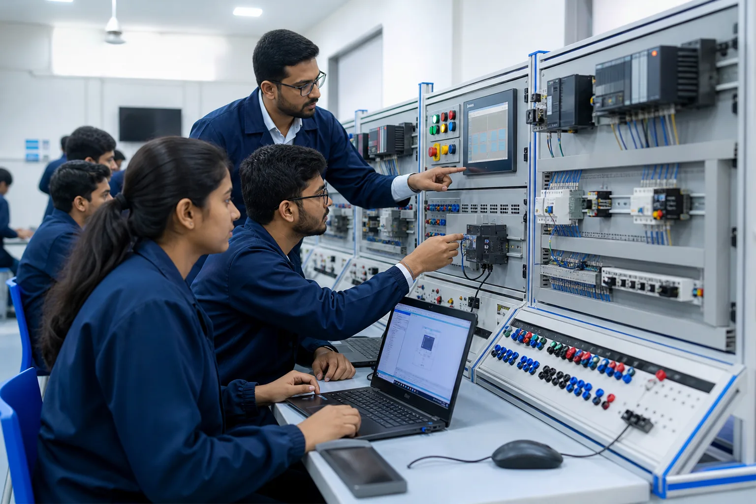 Students learning PLC programming on industrial trainer panels