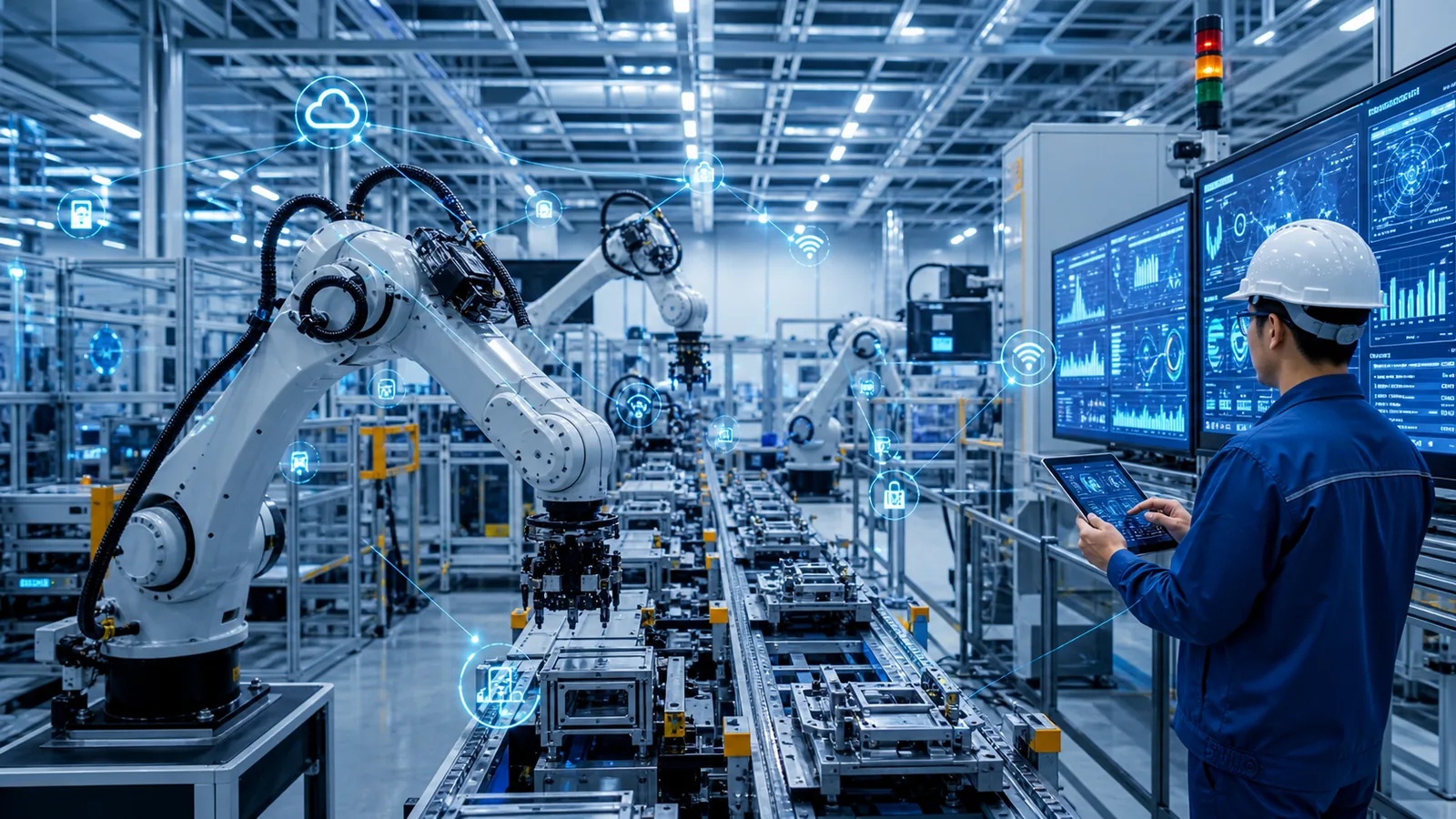 Smart factory with robotics, digital dashboards and Industry 4.0 systems