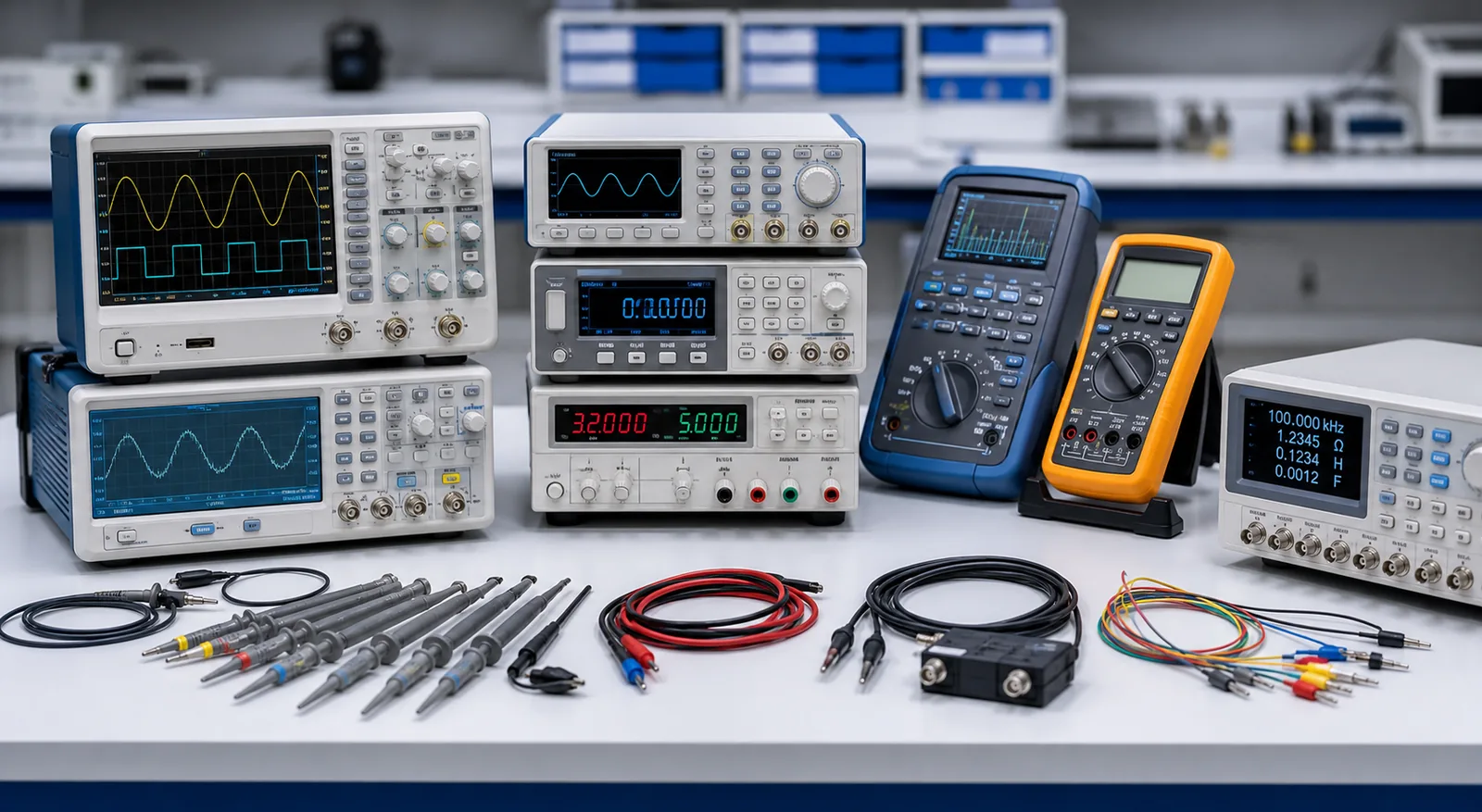 Testing and measuring instruments arranged on electronics lab bench